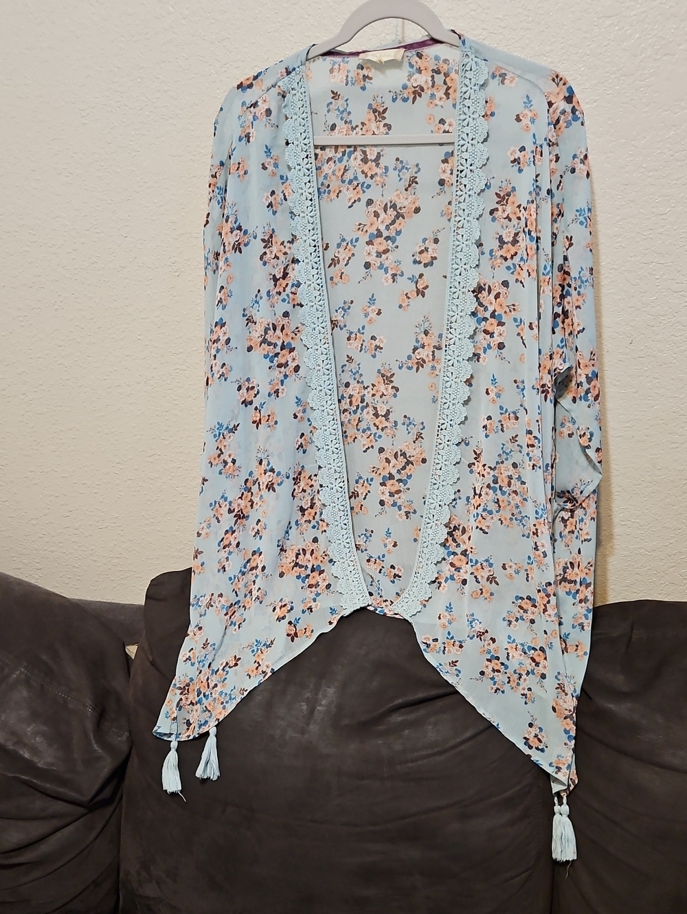 Altar'd State Sky Blue Floral Crochet-Trim Cardigan with Tassels